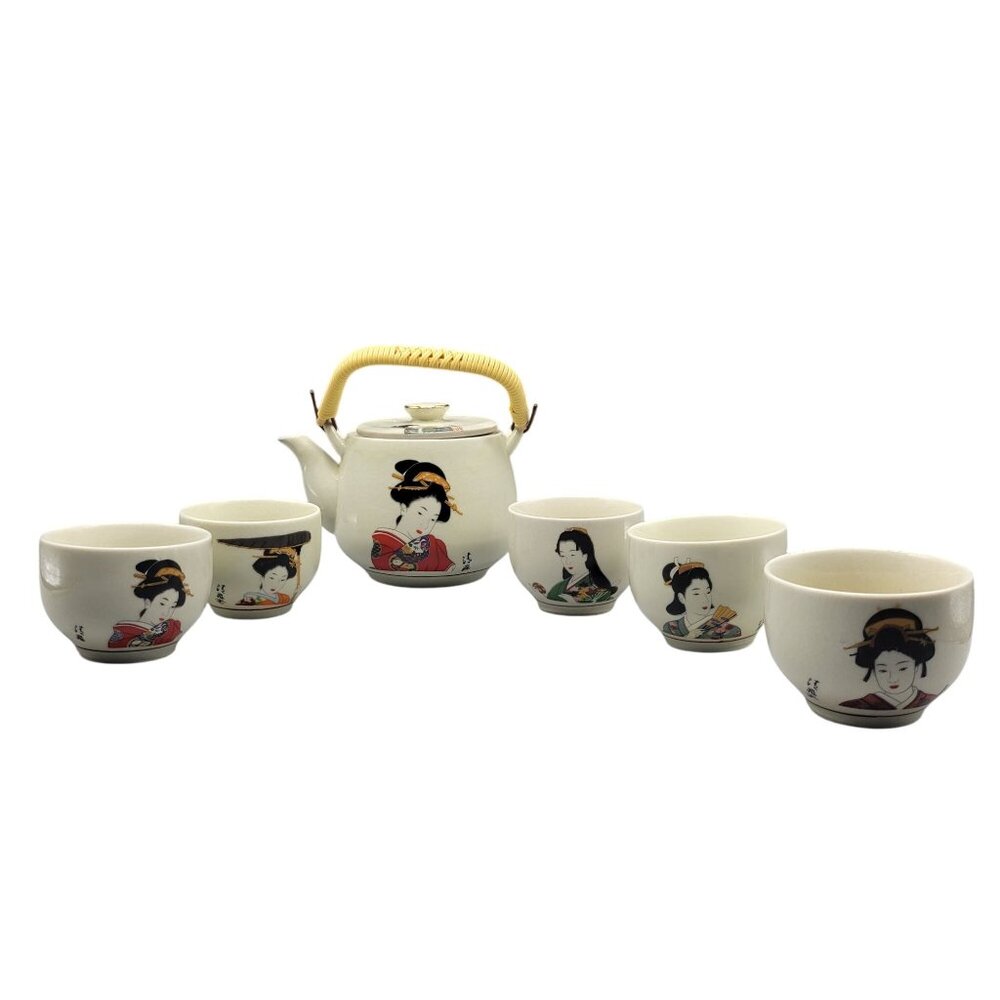 Vintage Japanese Ceramic Teapot & 5 Cups Set Geisha Design